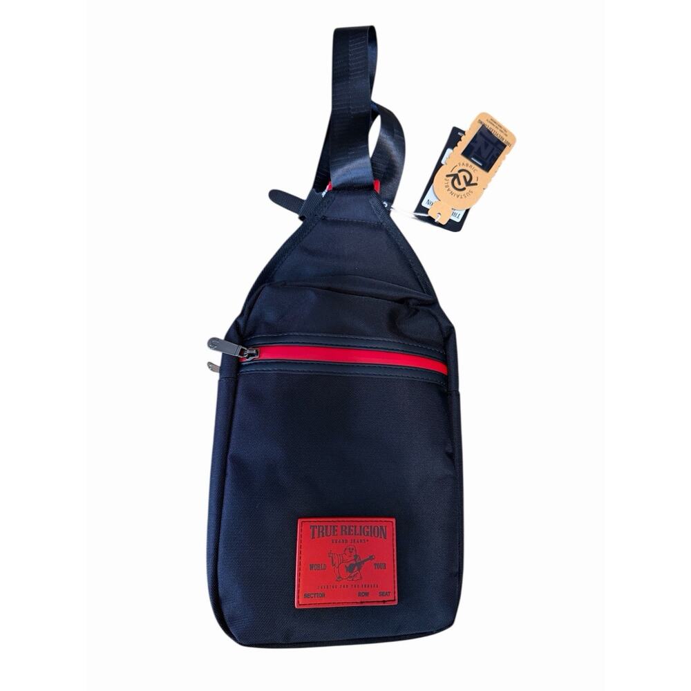 True Religion Yeta 2.0 black sling crossbody bag with red accents. NWT
